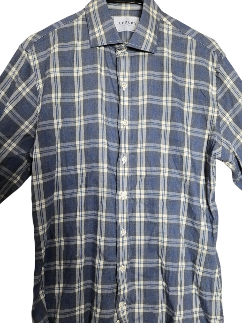 Ledbury Osmond Blue Plaid Button Down Shirt Spread Collar Cotton 15.5 Medium - Picture 4 of 10